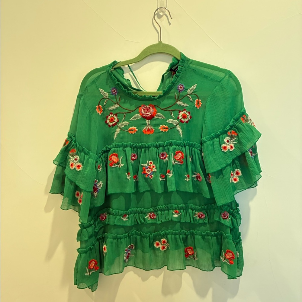 Zara Green Flutter Sleeve Ruffled Blouse